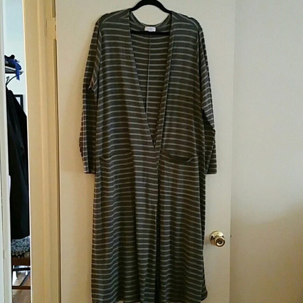 Lularoe Sara duster in olive green.